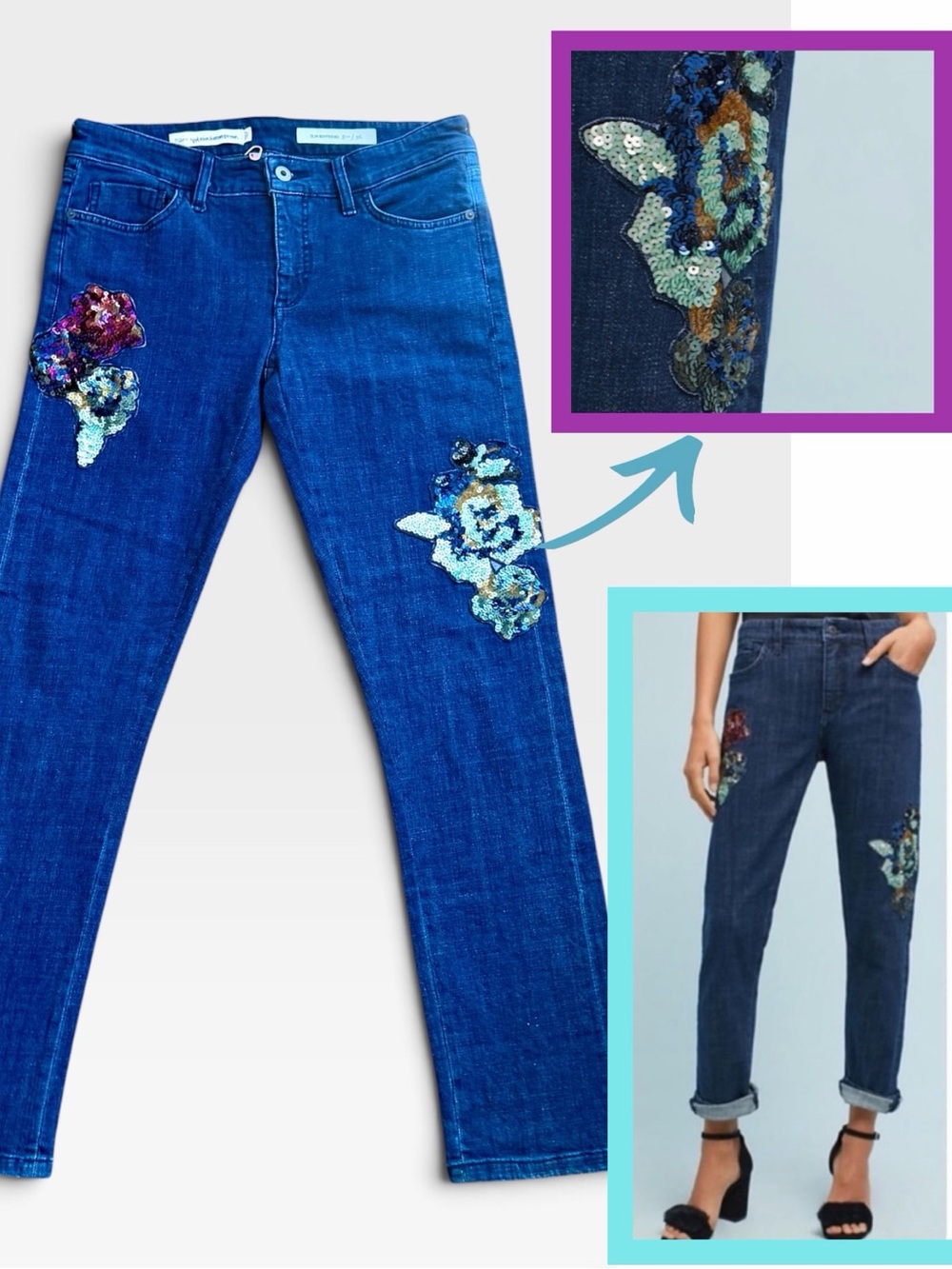 Pilcro Anthropologie Sequin Floral Patch Slim Boyfriend Jeans Indigo 26